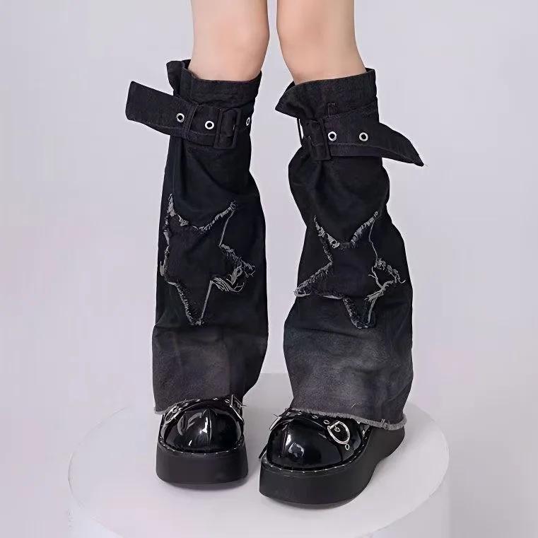 Japanese Subculture Vintage Denim Socks Leg Warmers Y2K Harajuku Gothic Lolita Autumn Slimming Ruffle Chic Foot Cover