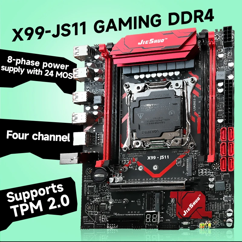 مجموعة اللوحة الأم للعبة JIESHUO X99-JS11 مع Xeon E5 2680 V4 + 16GB RAM، تدعم TPM2.0، طاقة 8 مراحل لأداء مستقر