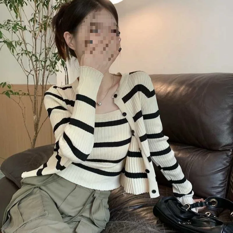 Striped Knitted Cardigan Korean Style Long Sleeve Strap Vest Short Two-Piece Set Top Ice Silk Blend Regular Thickness