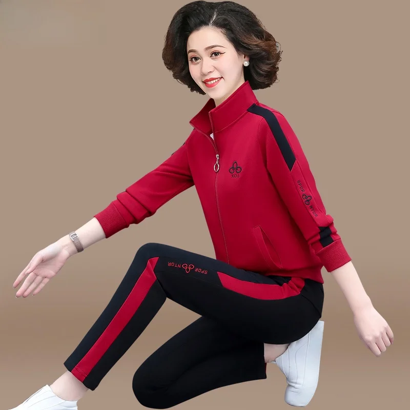 

Осенний модный комплект верхней одежды для мам: повседневный спортивный костюм для женщин среднего возраста больших размеров, на молнии, свободный крой, длинные брюки