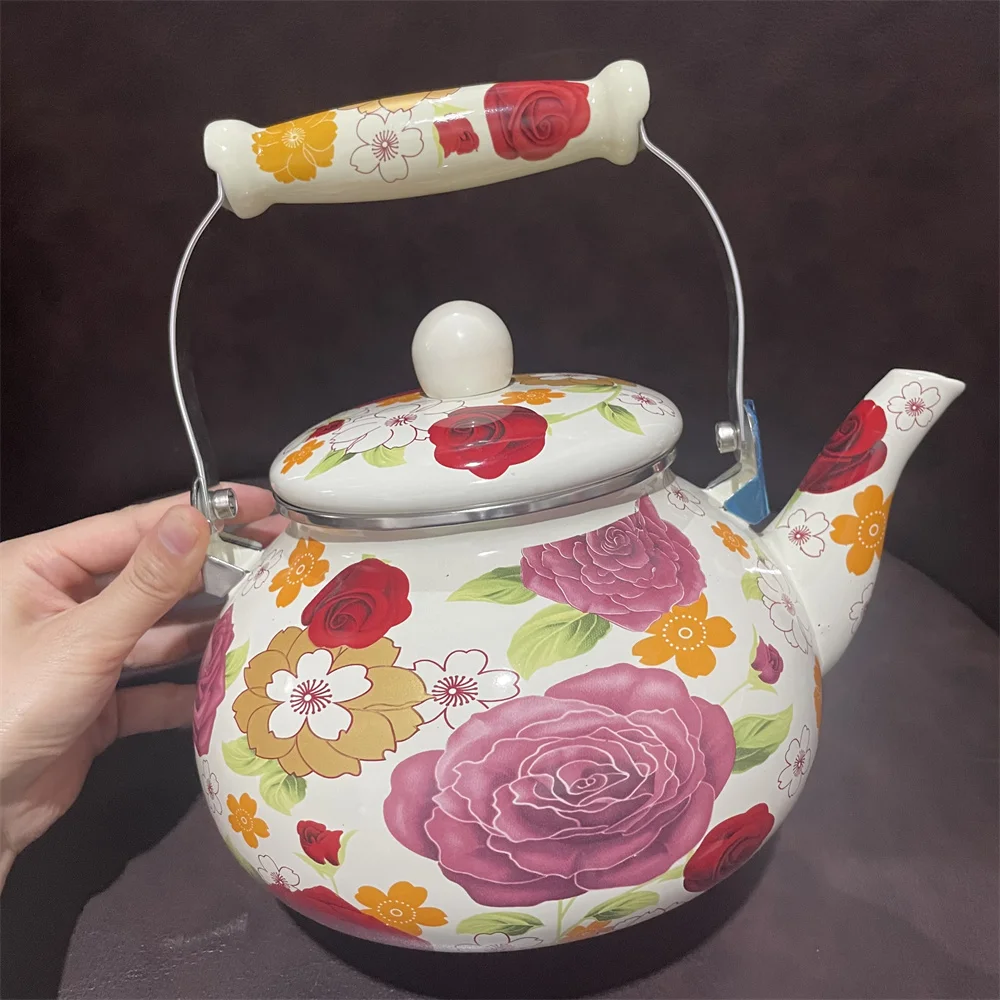 Vintage Style Enamelling Botanical Flower RoseTeapot 2.5 L Kitchen Water Pot Thickened Camping Kettle