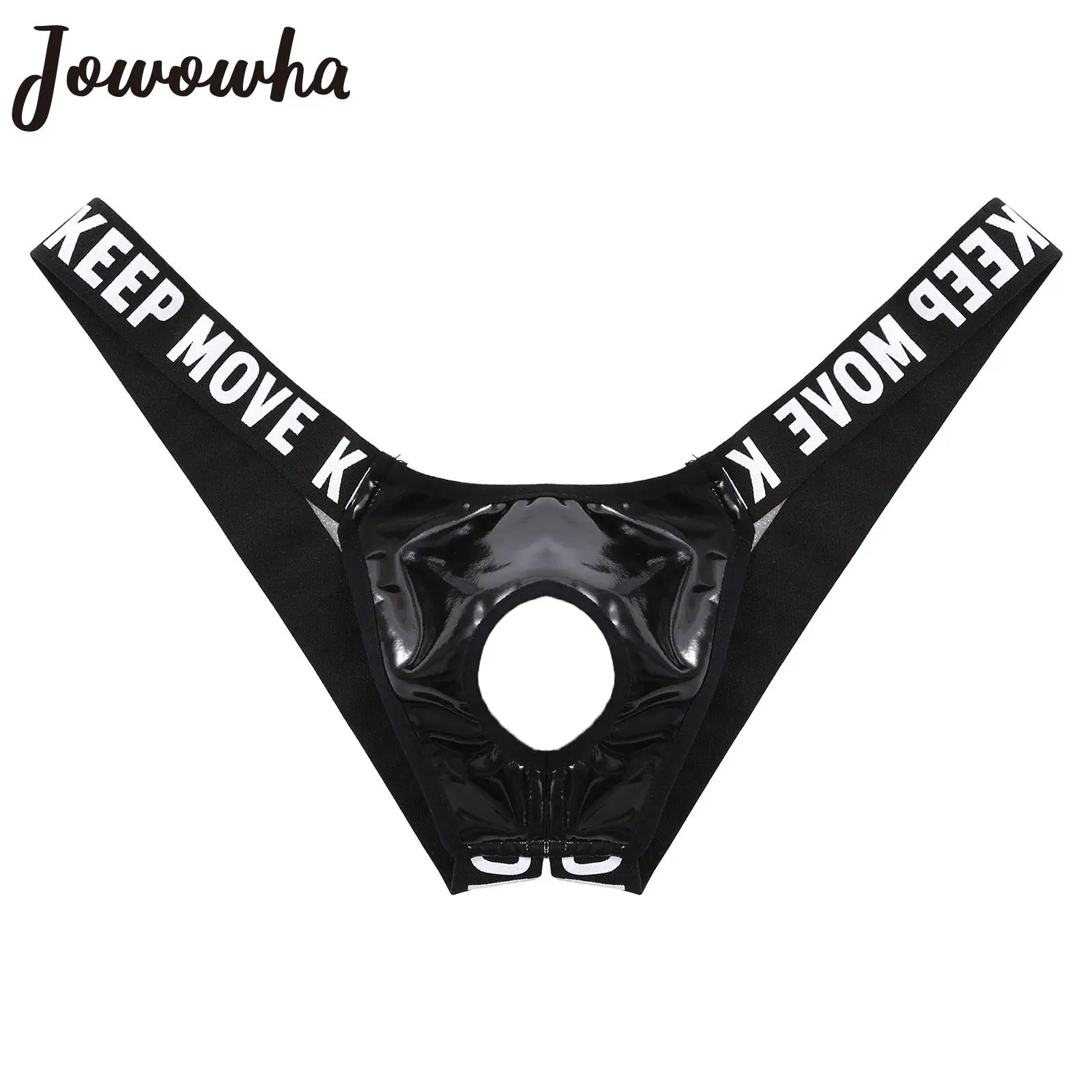 Mens Sexy Patent Leather Lingerie Hollow Out Bulge Pouch Latex Panties Jockstrap T-Back Letter Print Waistband Thongs Underwear