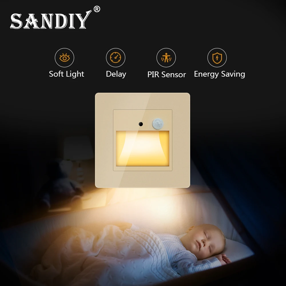 SANDIY Recessed Wall Lamps PIR Motion Sensor Stair Lights Led Night Light for Ladder Kitchen Bedroom Indoor Luminaire 110V/220V