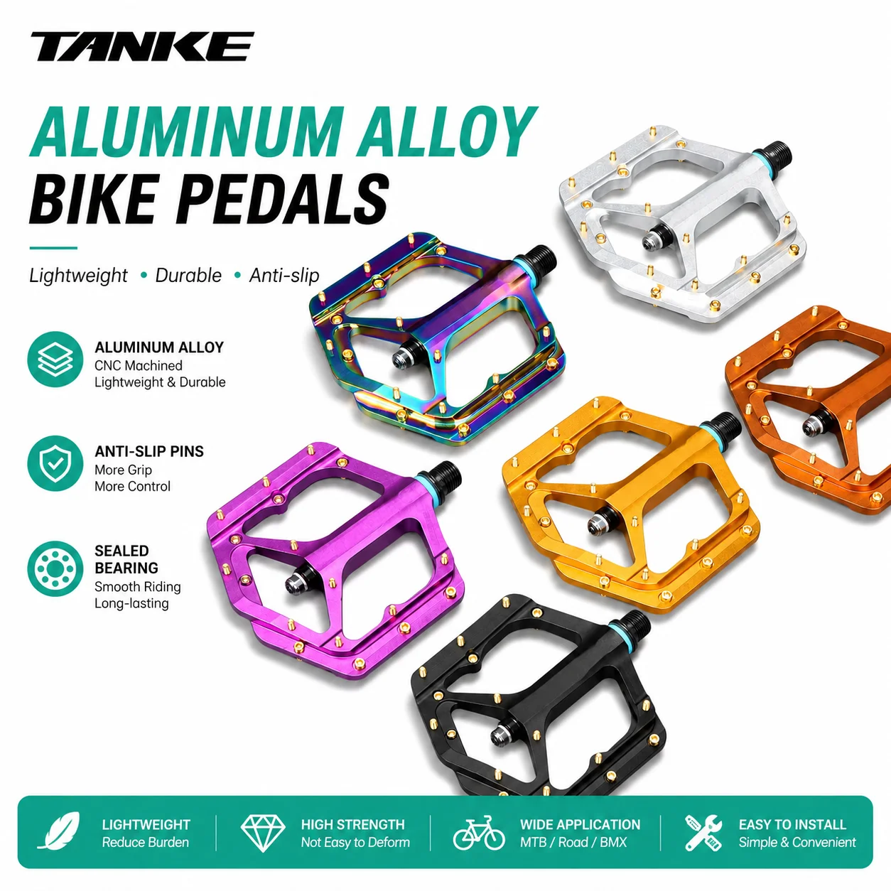Велосипедные педали TANKE MTB, плоские педали из алюминиевого сплава, легкие, нескользящие, с 3 подшипниками, для горных и шоссейных велосипедов