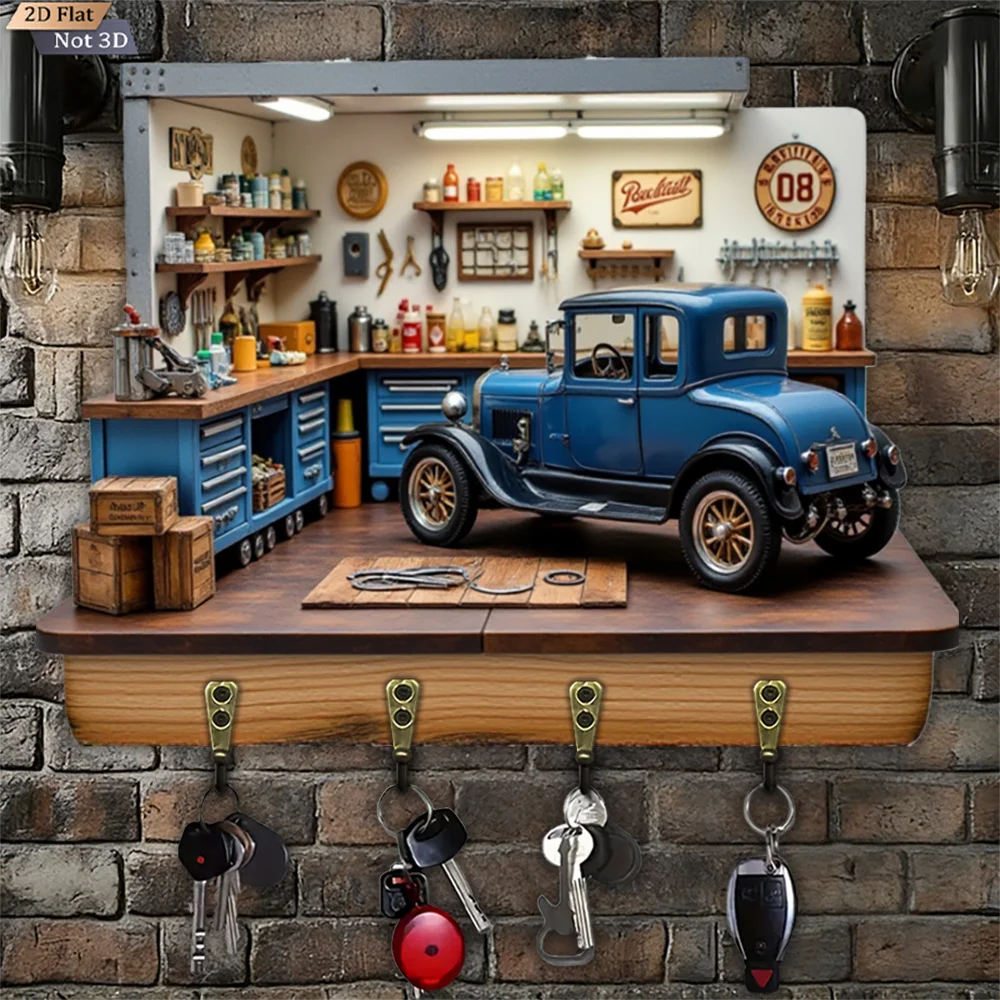 2D Flach, 1 Stück, Retro Autoschlüssel-Haken, Multifunktionaler Holz-Schlüsselhaken für Zuhause, mit Vier Metallhaken, Wanddekoration, Eingangsbereich