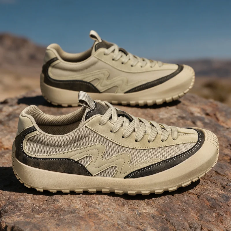 Lace‑up retro outdoor sneakers, textured woven upper reinforced toe cap rugged layered out sole,vintage‑inspired shoe silhouette