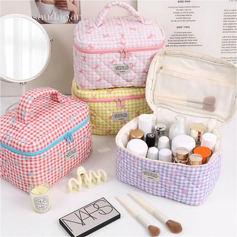 Cute Plaid Bow Print Makeup Bag, Portable Travel Makeup Storage Case, Large Capacity Zipper Grooming Storage Bag