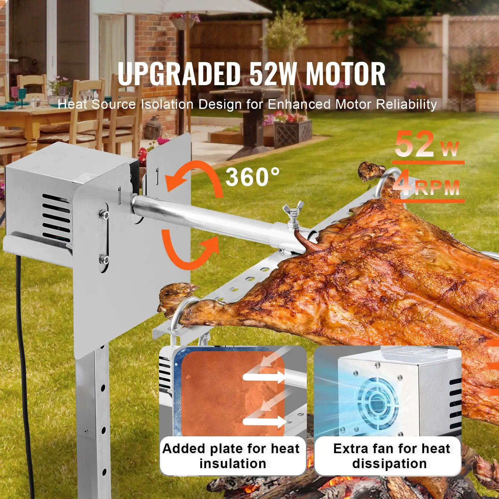 56-Inch Electric Grill Set 132 lbs capacity 52 watts automatic motor, height adjustable stand, universal barbecue tool