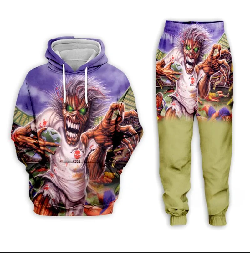 Conjunto de Sudadera con capucha y pantalones con estampado 3d de calavera de Metal pesado para hombre, chándal de Hip Hop, traje de ropa informal para niños, Otoño e Invierno