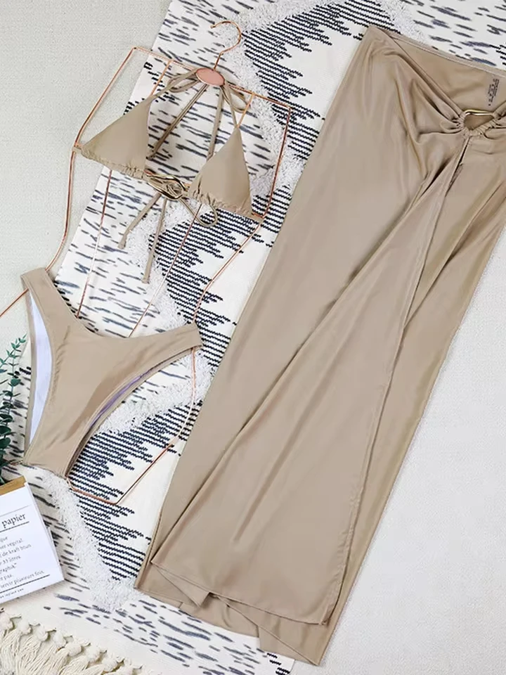 Vzvn Fashion Sportswear Women Vintage Sexy Sleeveless Swim Solid Lace Up Midi 2025 New All Season Three Piece Set Bikinis Set