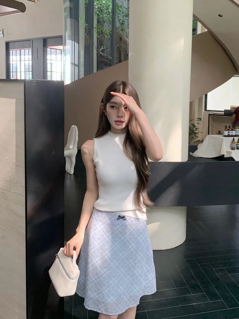 

Kumikumi Gentle Wind Knitted Vest And Skirt Set Women's Summer Plaid High Waist Versatile Two-Piece Ensemble Soft Style