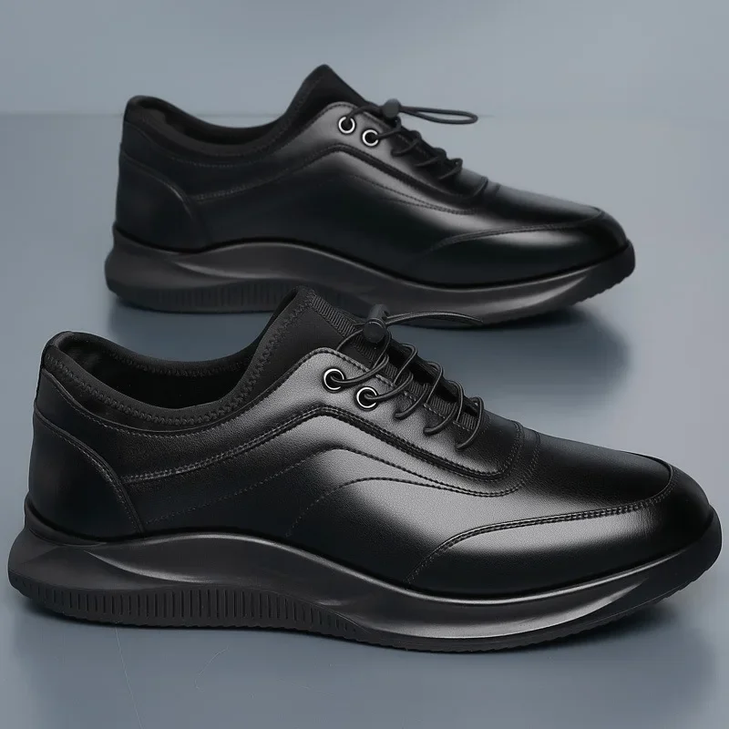 

New Shoes for Men Leather Casual Shoes Fashion Thick-soled Sport Shoes Cool Black Lace-up Chunky Sneaker