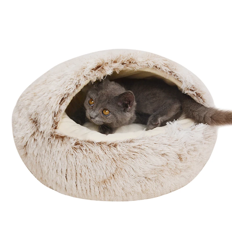 Lit en peluche pour animaux de compagnie, Long coussin rond, panier chaud pour chat, sac de couchage, niche pour petit chien, maison