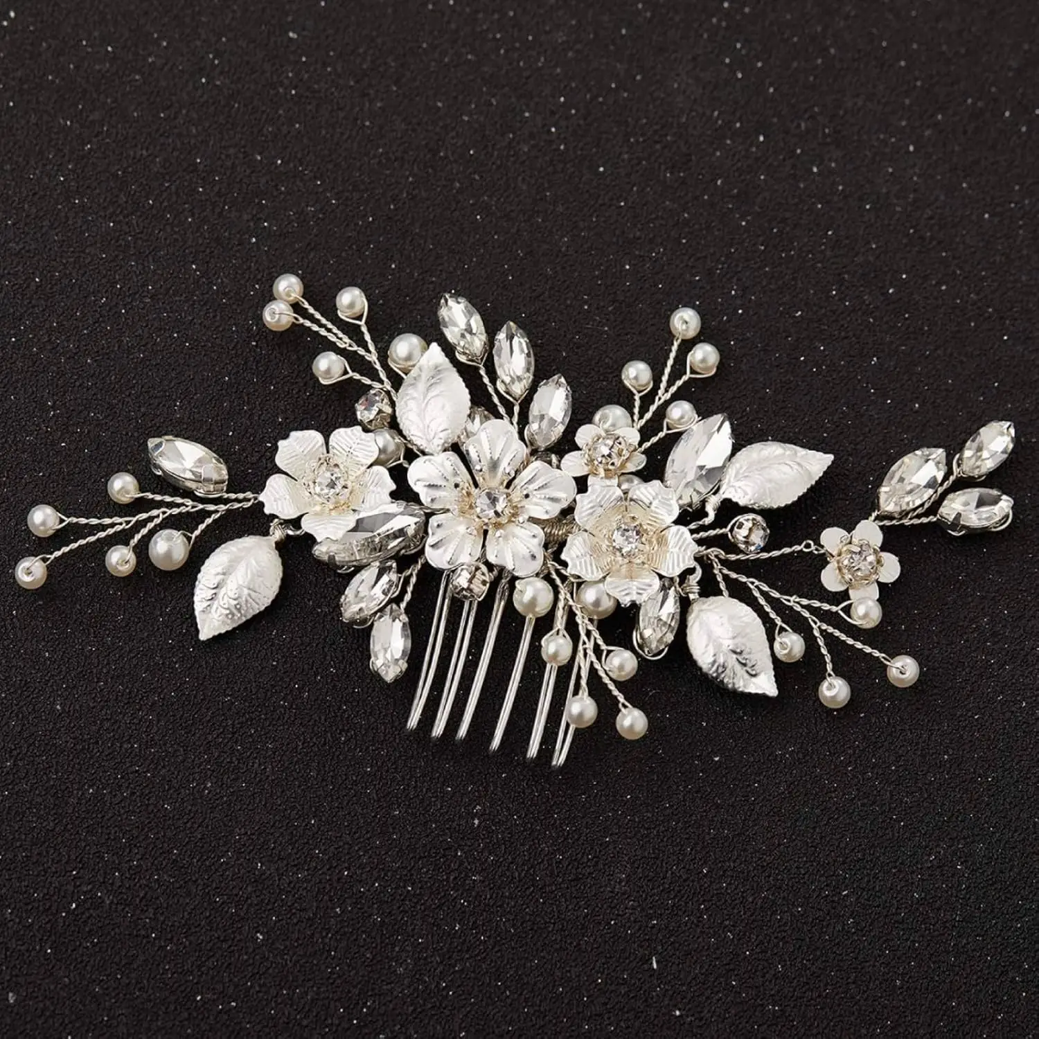 

Elegant Silver Bridal Hair Comb with Crystals, Pearls, and Leaves for Wedding Accessories