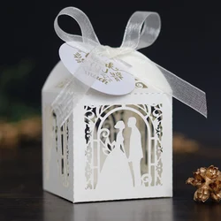 50pcs Laser Cut Candy Packaging Boxes For Wedding Valentine's Day Bride Groom Gift Box With Ribbon Thank You Tag Party Supplies