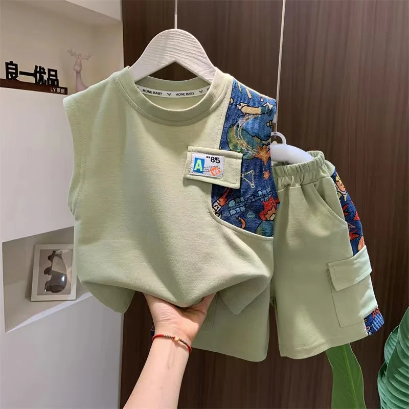 Fashion Sleeveless Pullover Shirt+Pocket Shorts 2 Piece Summer Outfits New Korean 2024 Boutique Clothing Baby Boys Sport Clothes