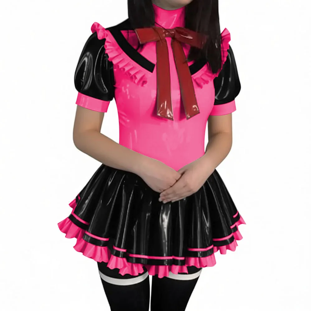 Latex-look PVC Short-Sleeve Sailor Collar Mini Dress Sissy Sweet Navy Style Short Pleated Dress Halloween Party Cosplay Outfits view 5