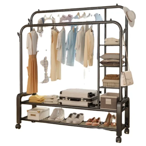 

Garment Rack Double Shelves Portable Clothes Rail Stand Metal Multi Functional Clothes Rack