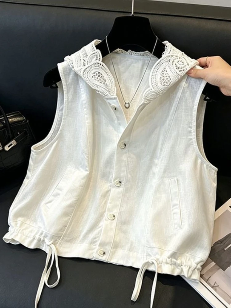 Drawstring Summer Sweet Vests French Style Lace Patchwork Hoody Coats Sleeveless Slim All-match Minority Chaqueta