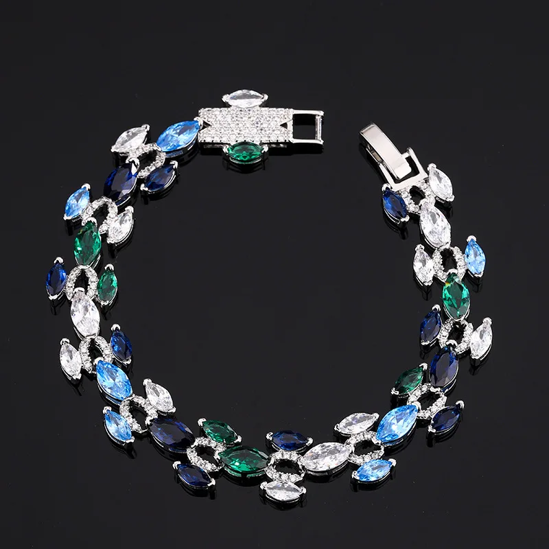 Marquise Cubic Zirconia Bracelet Silver Plated Emerald Sapphire Tone Crystal Link Bracelet Women Wedding Banquet Jewelry