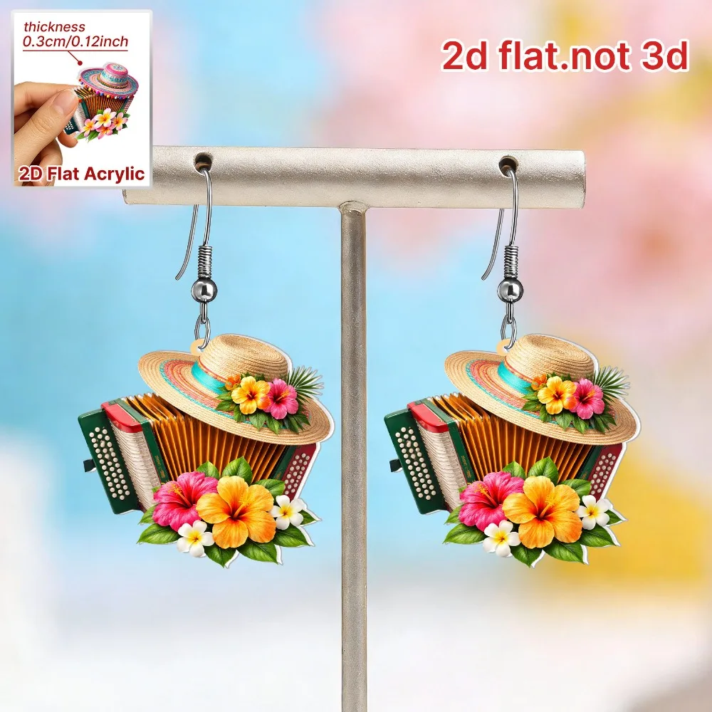 2D Flat Acrylic Accordion Straw Hat Flower Earrings Tropical Hibiscus Floral Musical Instrument Earrings Vacation Women Gift