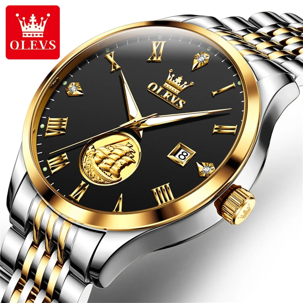 OLEVS 6696 Men\'s Watches Sailboat Business Dress Watches Stainless Steel Luxury Waterproof Automatic Mechanical Wrist Watch Man