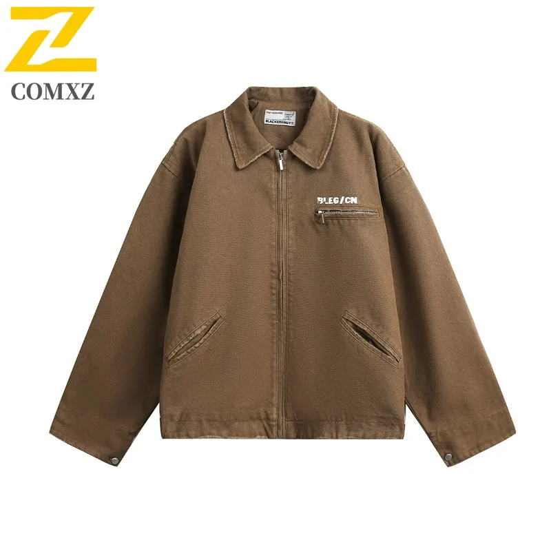 

COMXZ Men Denim Windbreaker Jacket Casual Fit Daily Walk Vintage Style Fishing Trip Racing Jacket Street Stylish Design Coat