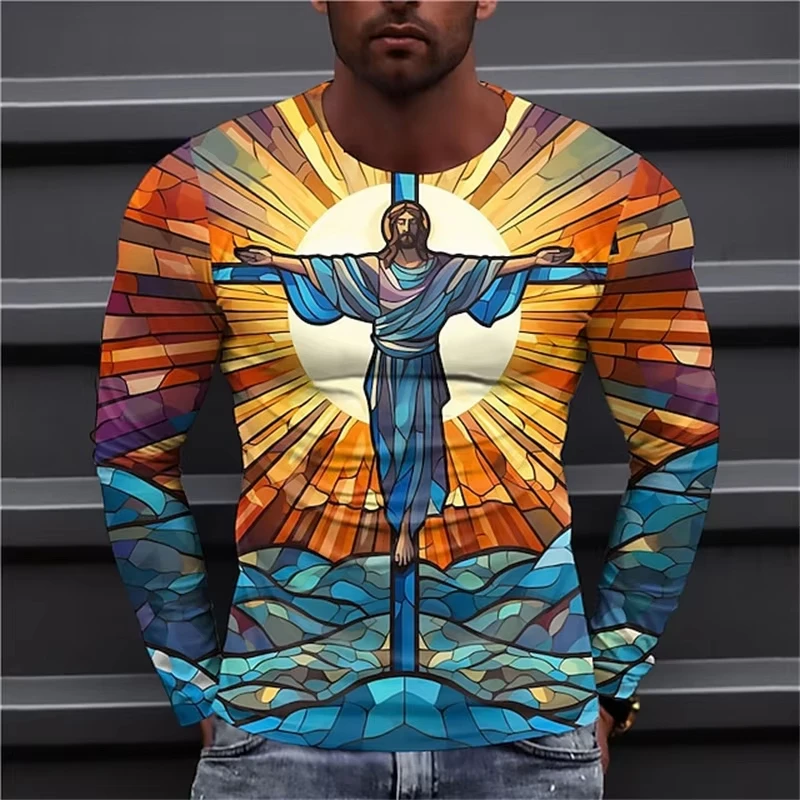 3D Printing Virgin Mary T Shirt For Men Christian Mother Of God Pattern Long Sleeved Casual T-Shirts Tops Mens Large Size Tshirt