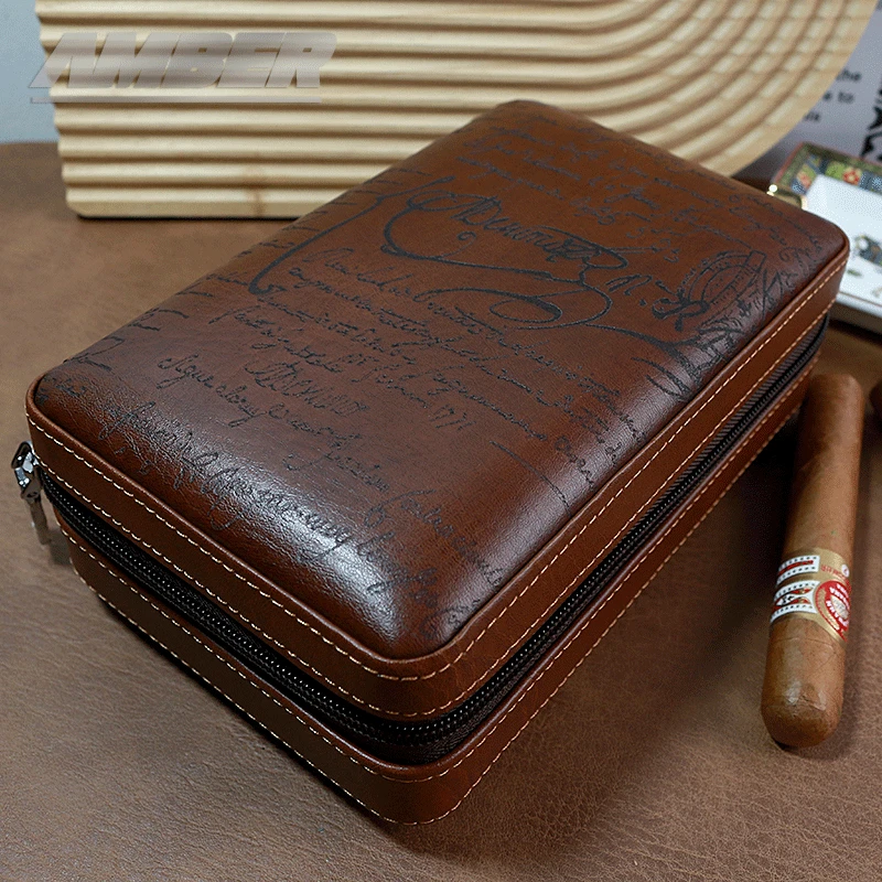 Cigar Case 4- cigars tubes Leather  Travel Portable Humidor with Cedar Wood Lined with Stainless Steel Cigars Cutter