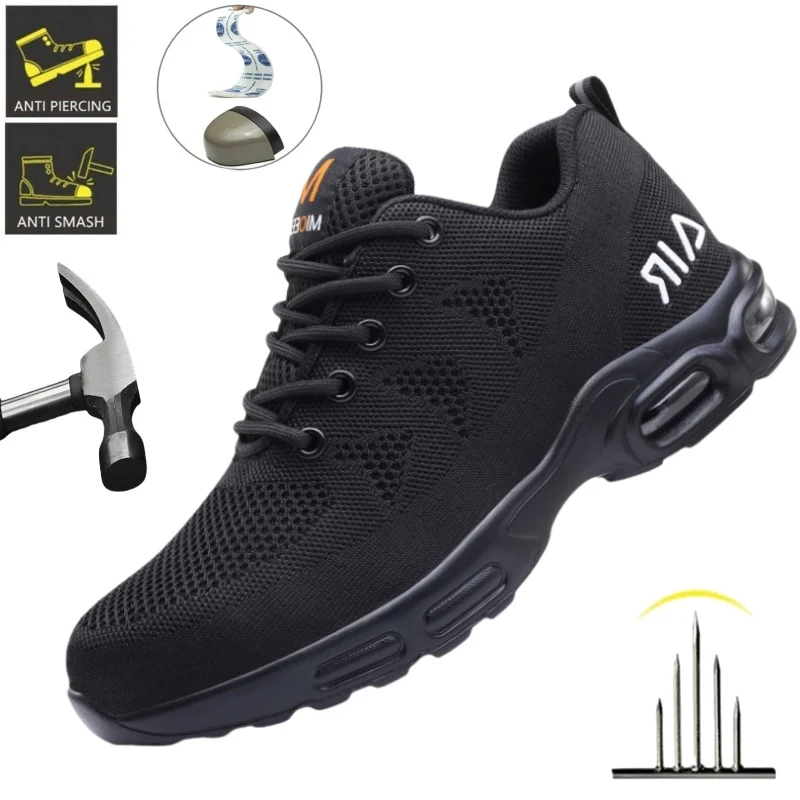Botas de seguridad de malla negra para hombre con puntera de acero, zapatillas de trabajo antigolpes, zapatos de seguridad, calzado de trabajo indestructible