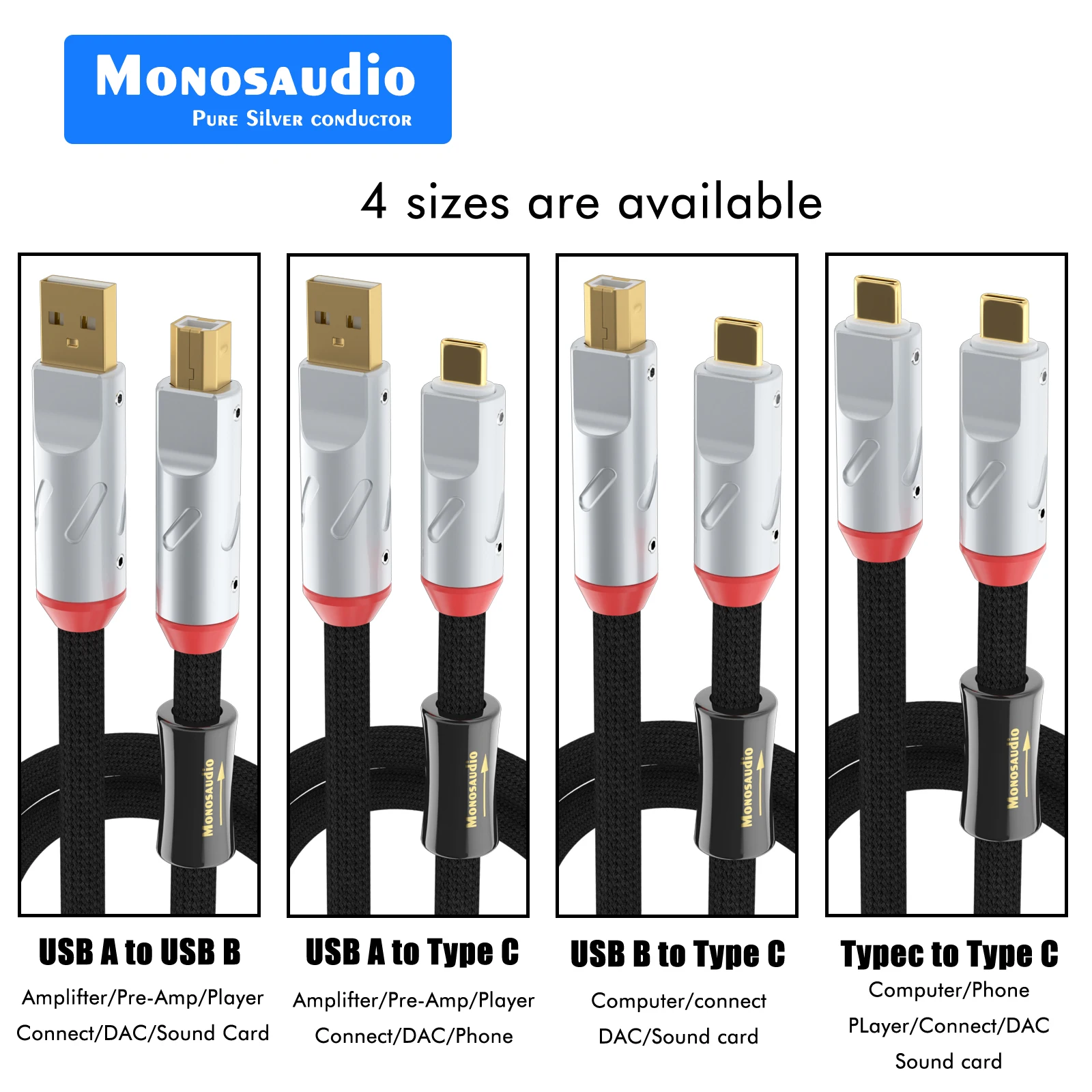 Monosaudio Nano Series USB OTG Cable - Pure Silver conductors, Supports USB 2.0 (A/B/C Connectors) for Smartphone, Headphone, DA