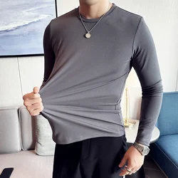 High Elastic T-shirt Men 2023 Autumn New Long Sleeve Round Neck T-shirt Solid Casual Slim Fit White Black T-shirt Men Clothing