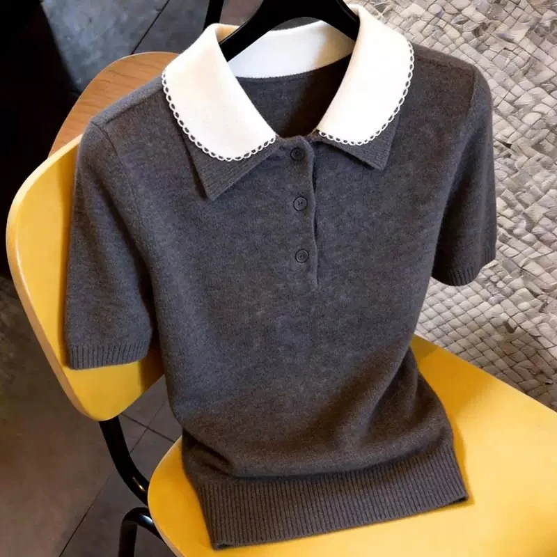 Women Lace Trim Peter Pan Collar Knitted T‑shirt Summer Short Sleeve Polo Shirt Elegant Soft Knit Pullover Tops For Daily Wear
