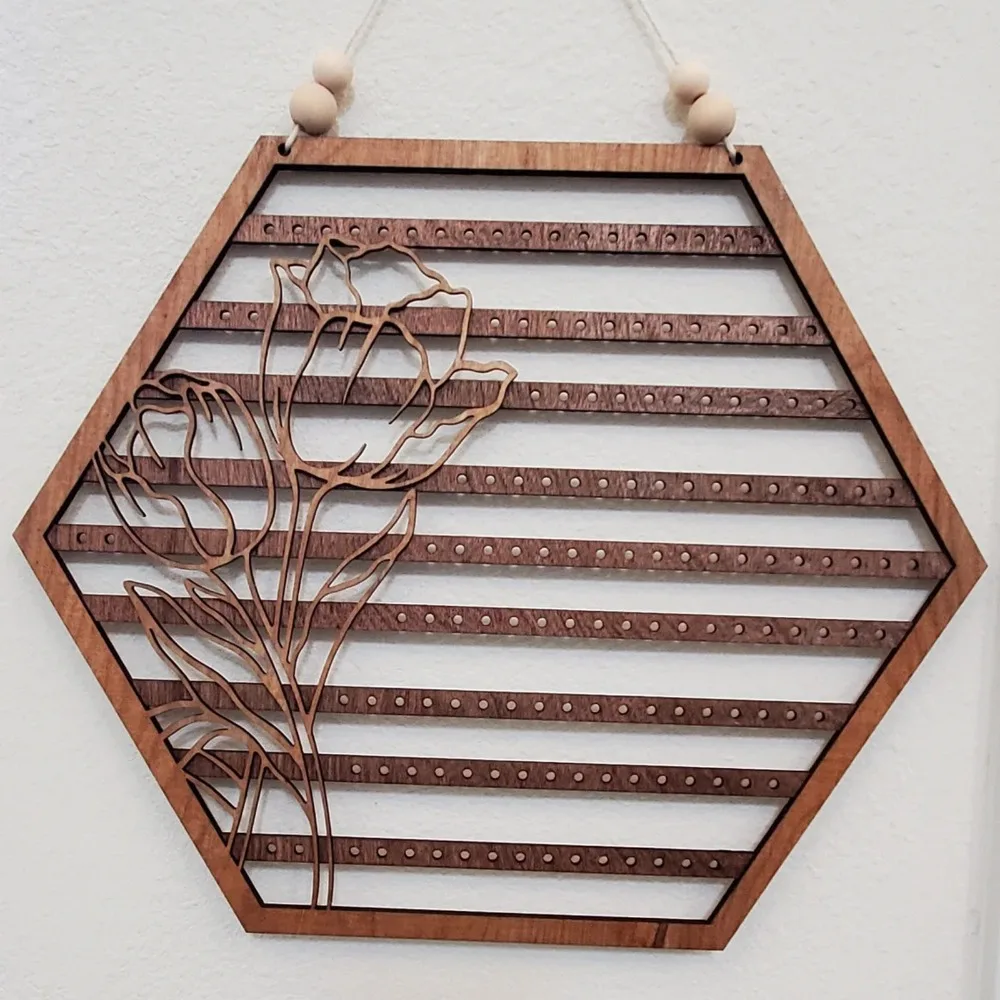 Hexagon Wood Jewelry Rack 11.81 in Strip Hanging Slots Earring Wall Holder Hollow Carving Beaded Hanging Rope