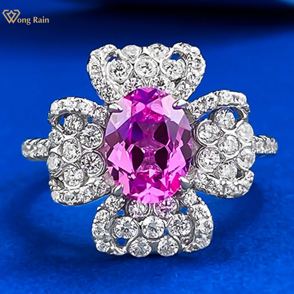 

Wong Rain 100% 925 Sterling Silver Oval Cut 6*8 MM Lab Sapphire Gemstone Flower Ring for Women Fine Jewelry Wedding Party Gifts