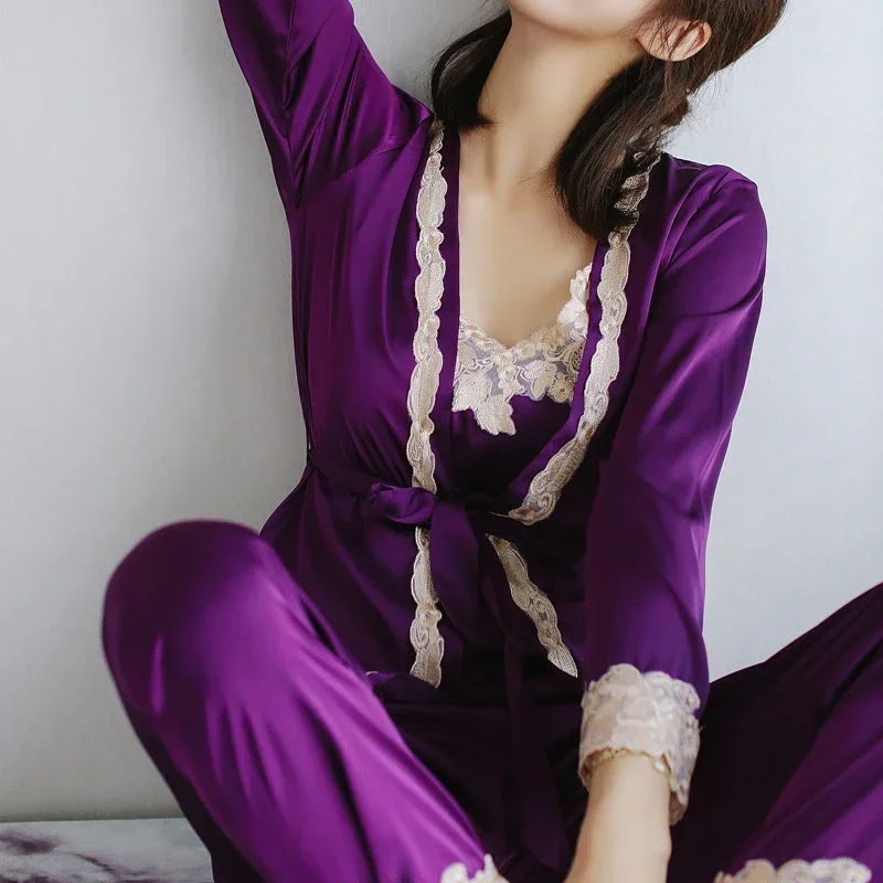 Three 3 Pieces Satin Sleepwear Female Sexy Lace Silk Pajamas Set Hollow Out Coat Strap Vest Full Length Pants Robe Gown Set H650