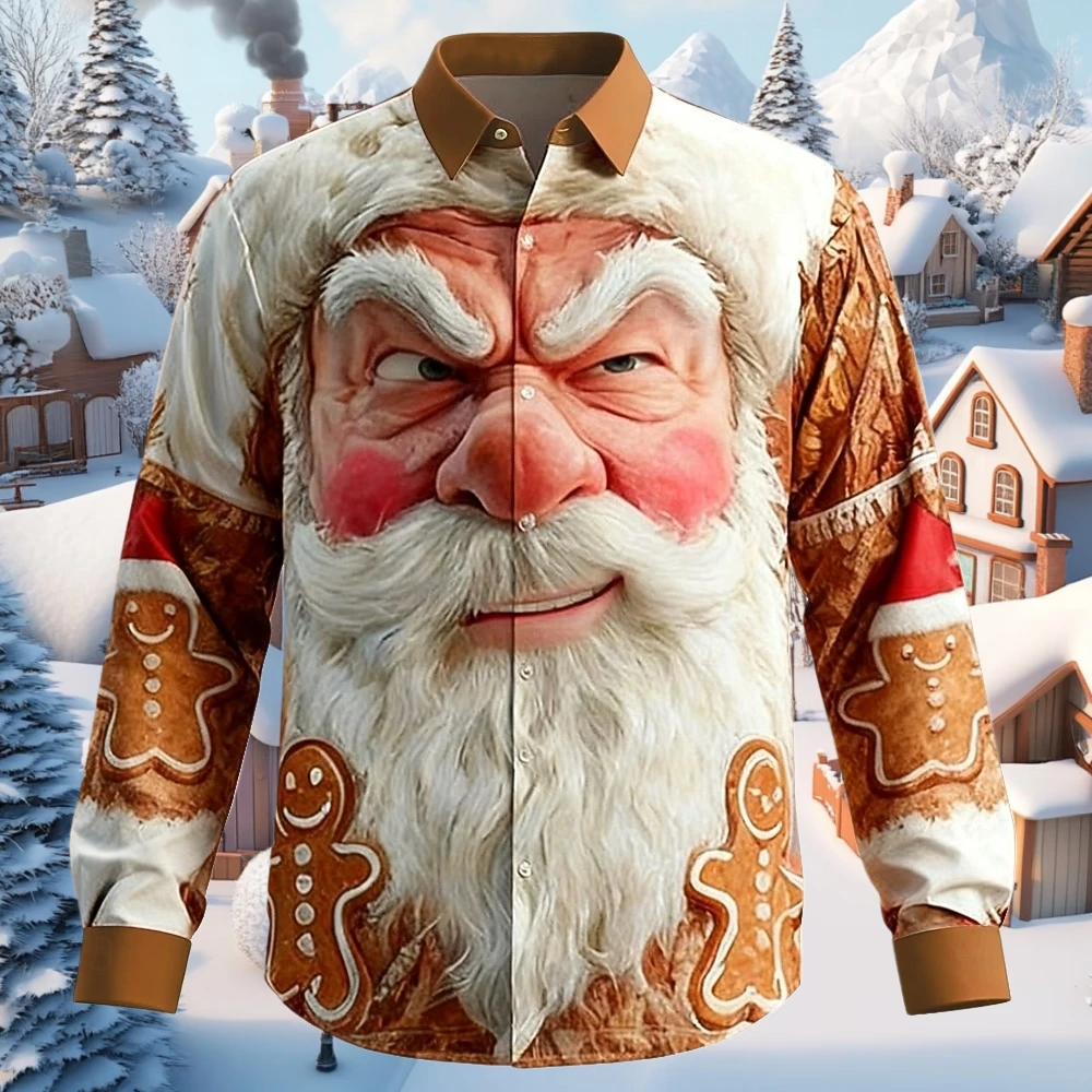 مضحك سانتا الوجه عيد الميلاد قميص ثلاثية الأبعاد الجرافيك زر كم طويل التلبيب القمم 2026 عادية فضفاض عطلة ملابس خارجية قمصان للرجل #3