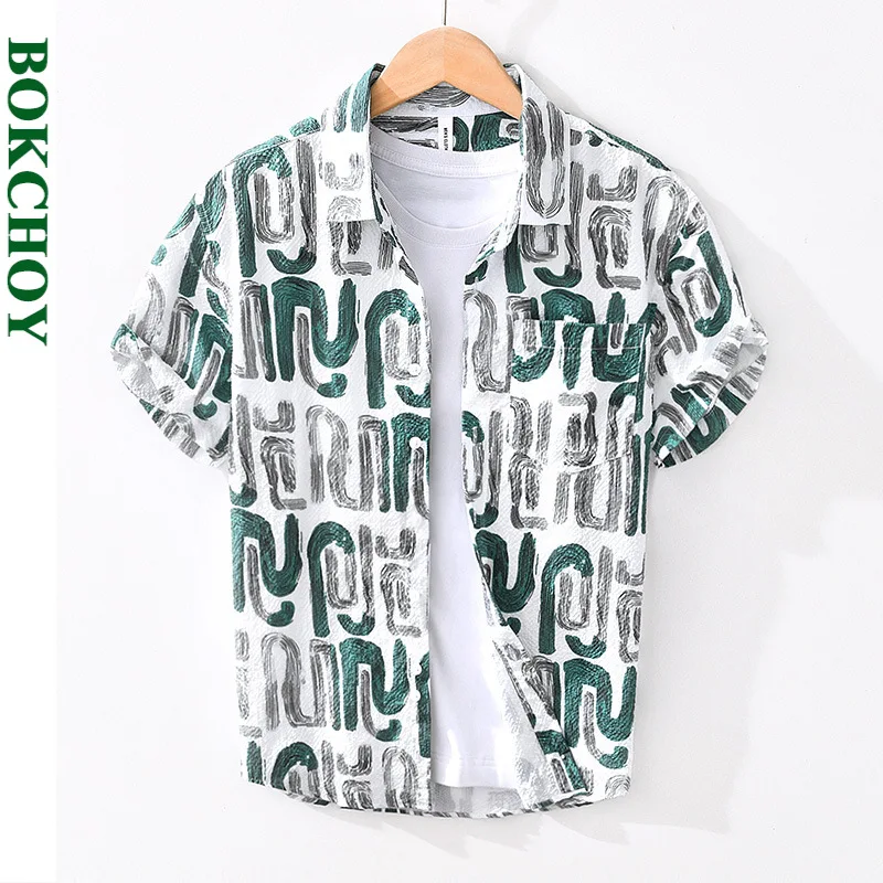 2024 Summer New Cool Character Letter Printed Short Sleeve Shirts Men Clothing Elastic Thin Breathable Streetwear BL2076