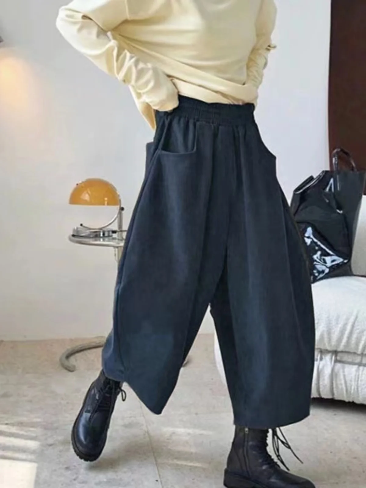 المرأة فضفاضة واسعة الساق الجزرة السراويل مرونة الخصر عادية تسع نقاط الحريم القديمة أبي السراويل الخريف الشتاء التخسيس فضفاضة تناسب #4