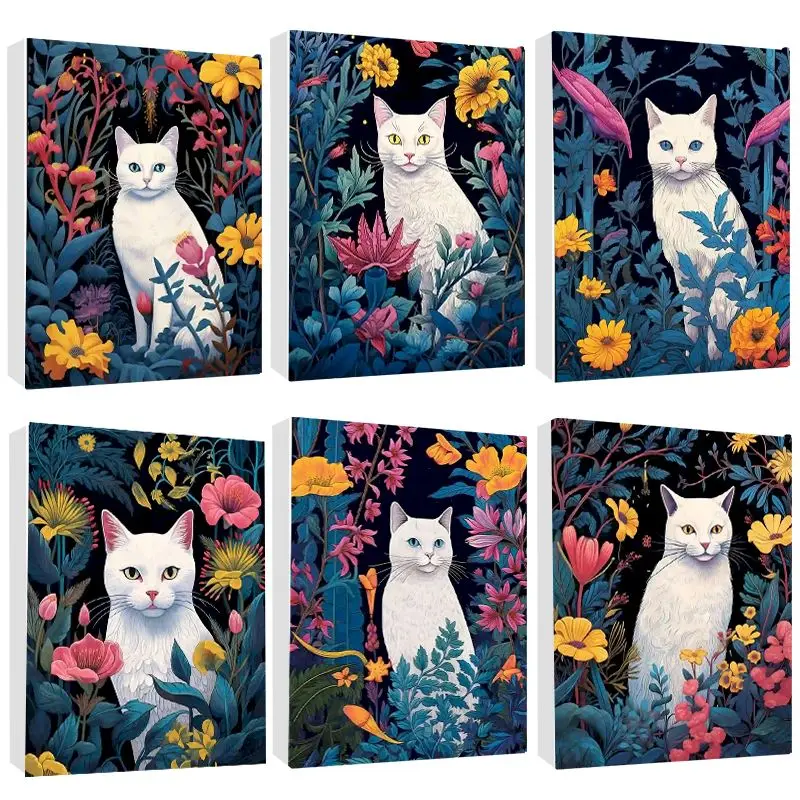 CHENISTORY 그림 꽃 꽃 꽃 꽃 꽃 흰색 고양이 DIY 색칠하기, 캔버스에 숫자 아크릴 페인트 홈 장식, 40x50cm