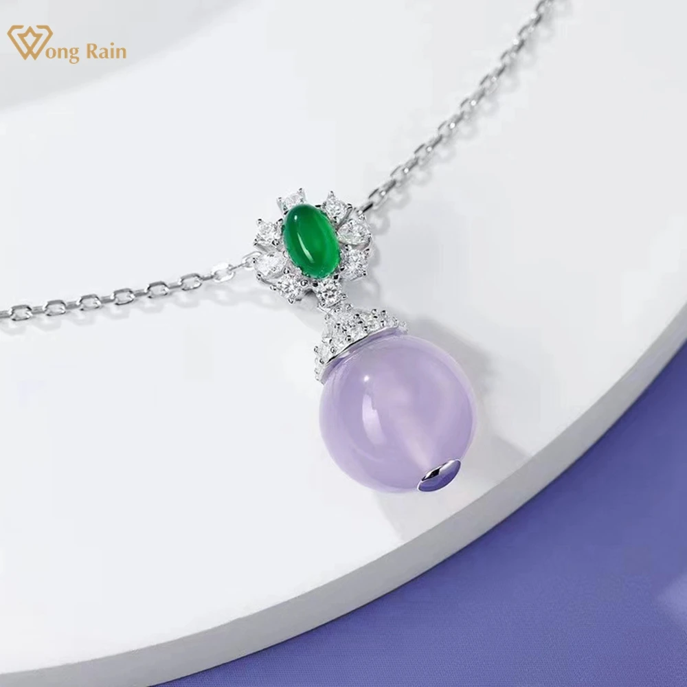 Wong Rain Elegant 100% 925 Sterling Silver Natural Purple Jade High Carbon Diamond Gems Pendant Necklace Fine Jewelry Wholesale