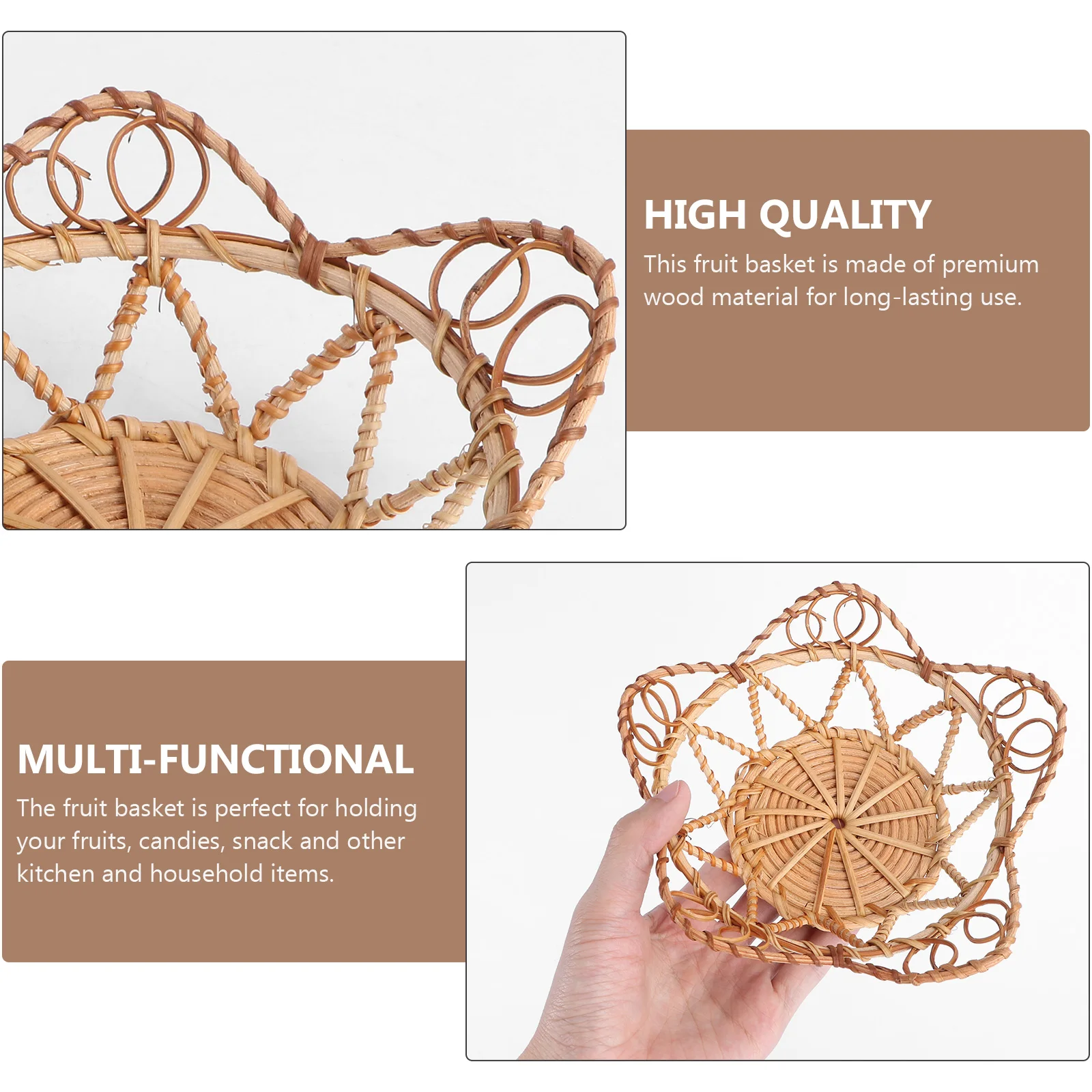 

Rattan Woven Fruit Basket Khaki Serving Basket Hollow-Out Design for Draining Fruits Snacks Storage Container Party Supply