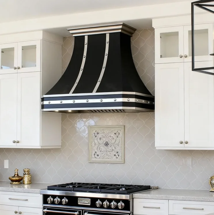 Custom Matte Black Metal Range Hood With Riveted Stainless Steel Straps for Villa Kitchens