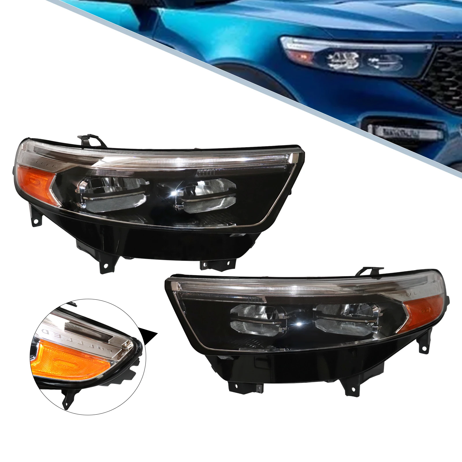 Full LED Front Headlights Headlamps Set Left or Right For Ford Explorer 2020-2022 Heavy Duty Polycarbonate Direct Replacement