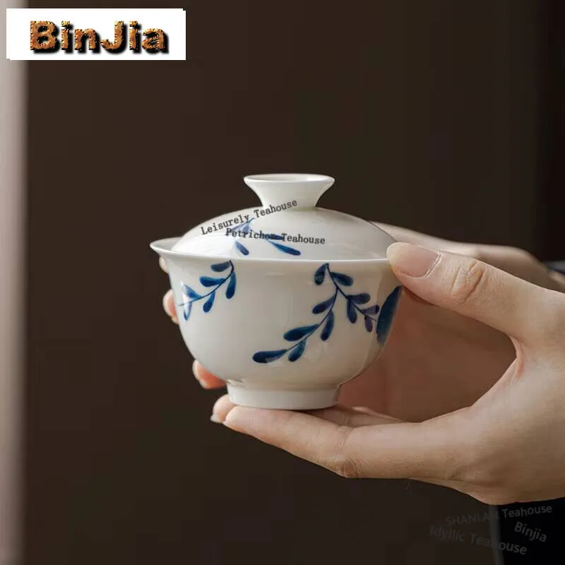 135ml Apricot White Handmade Cover Bowl Hand Drawn Embroidered Ball Flower Gaiwan Vintage Thin Body Tea Tureen Tea Brewing Gifts