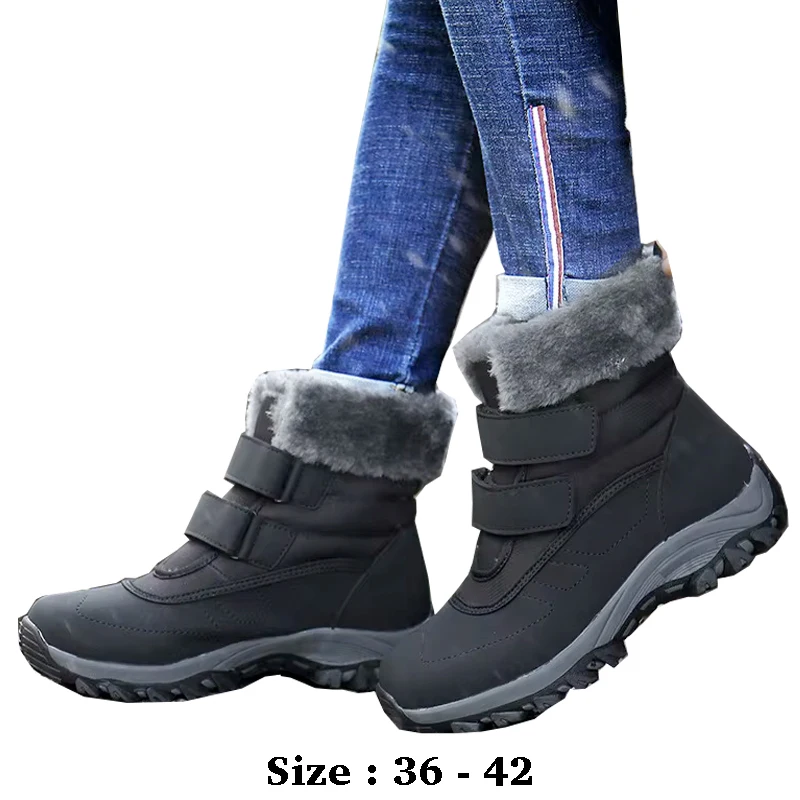 

High quality women cotton ankle length snow boots waterproof fur lining new 2025 winter size 41 42 walking shoe black grey