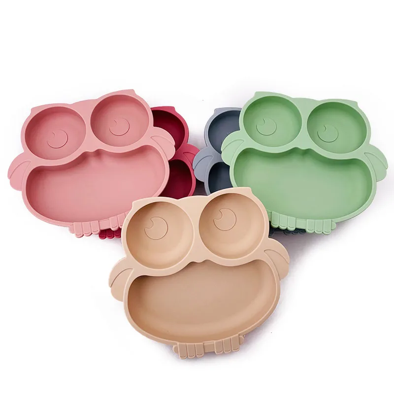 Placa de alimentação de silicone para crianças, alimentação Sucker Bowl, BPA Free, Cute Owl, crianças pratos, placas de sucção