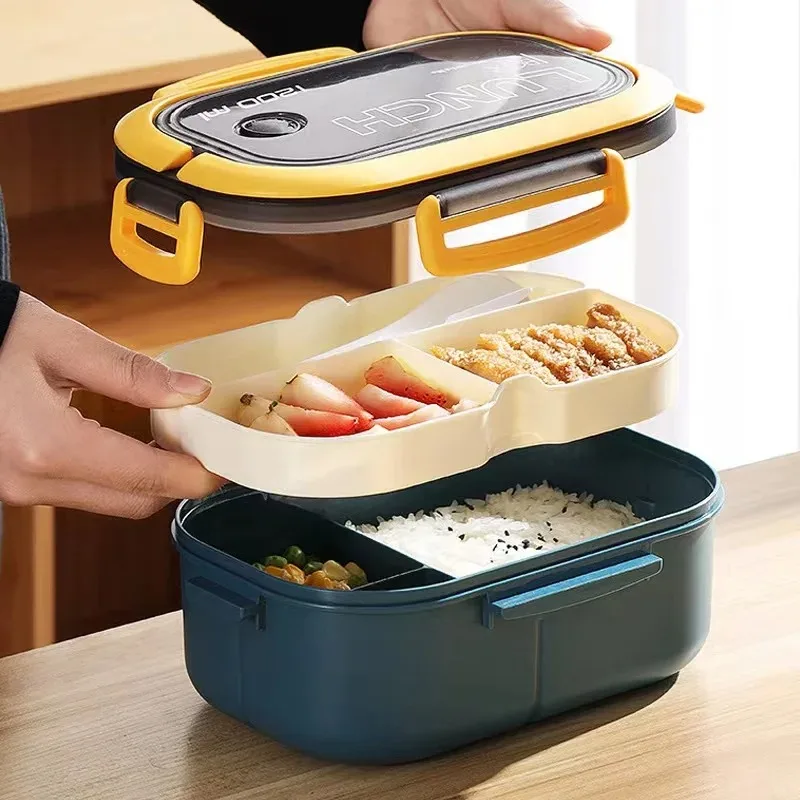 1200ML 2 Layer Bento Lunch Box with Spoon Fork, Kid High Capacity Microwae Food Containers Portable Leakproof Office Camping