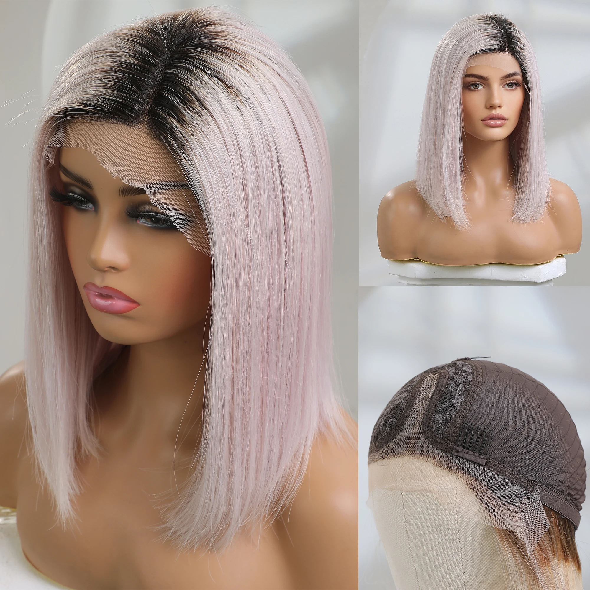 HAIRCUBE Human Hair Wigs Platinum Pink Wig for Women Light Pink Wig with Dark Roots Straight Bob 13*1 Lace Front Wigs Human Hair