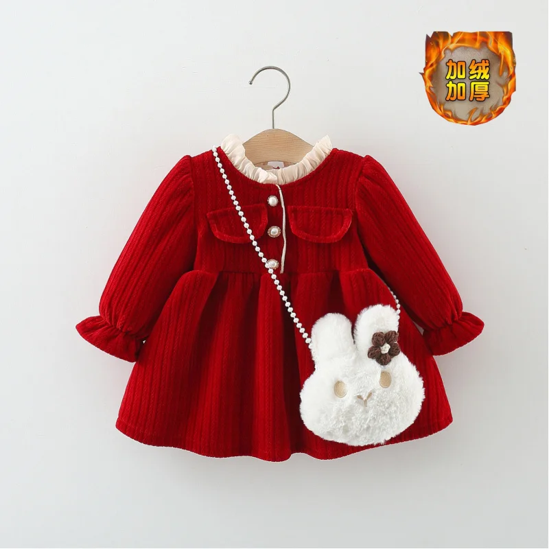 

2025New Winter Wave Placket Fleece-Lined Thickened Tang Suit Girls' Chenille New Year Outfit with Big Rabbit Bag
